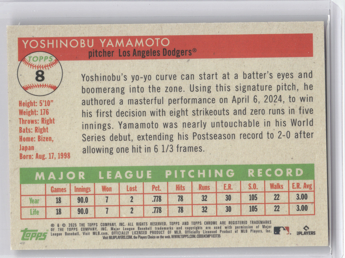 2025 Topps Chrome Platinum Yoshinobu Yamamoto #8 Orange Wave