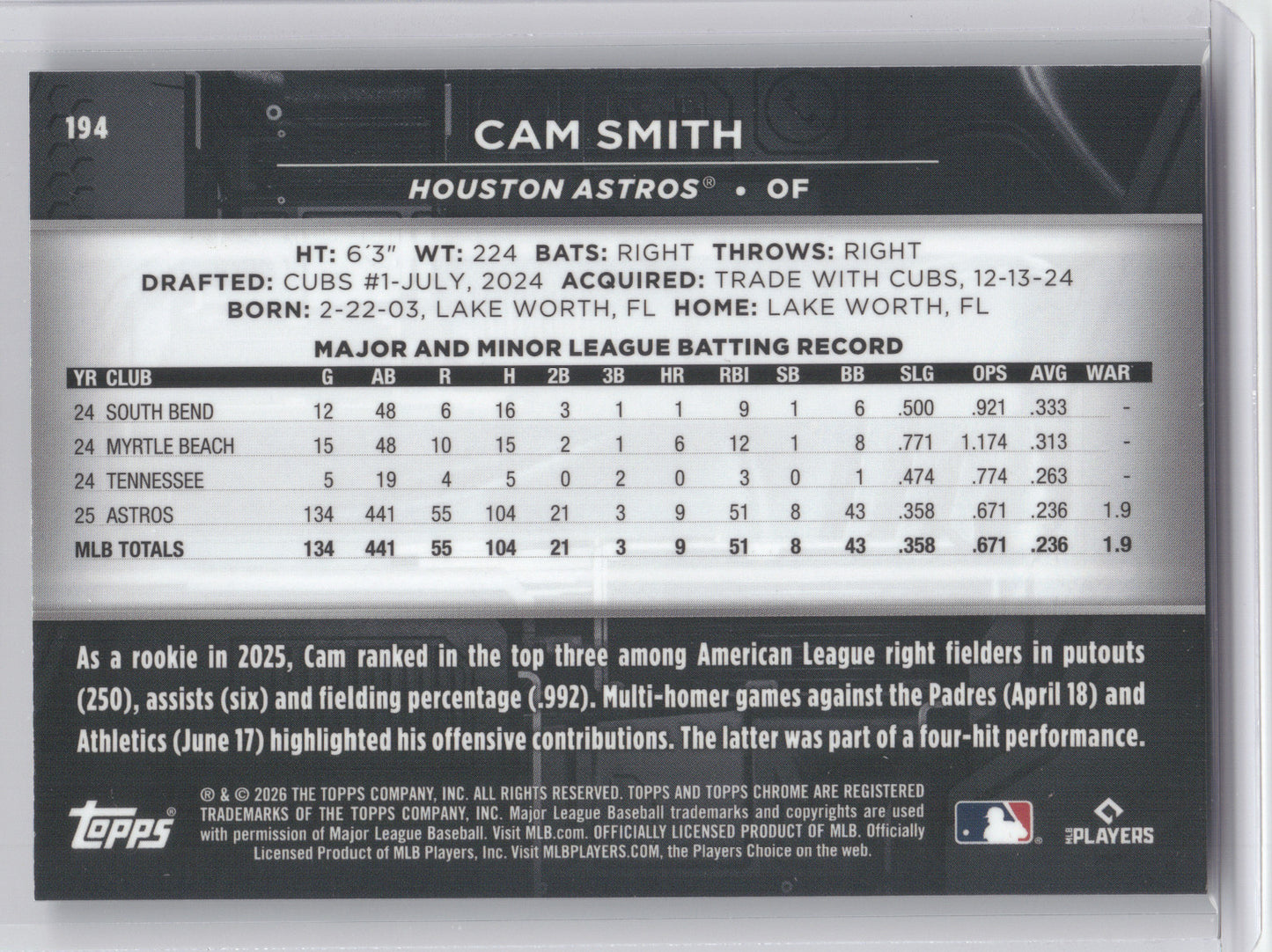 2026 Topps Chrome Black Cam Smith #194 Red Refractor 3/5