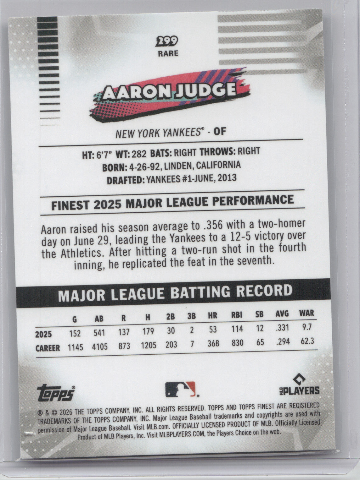 2026 Topps Finest Aaron Judge #299 Mini Diamond