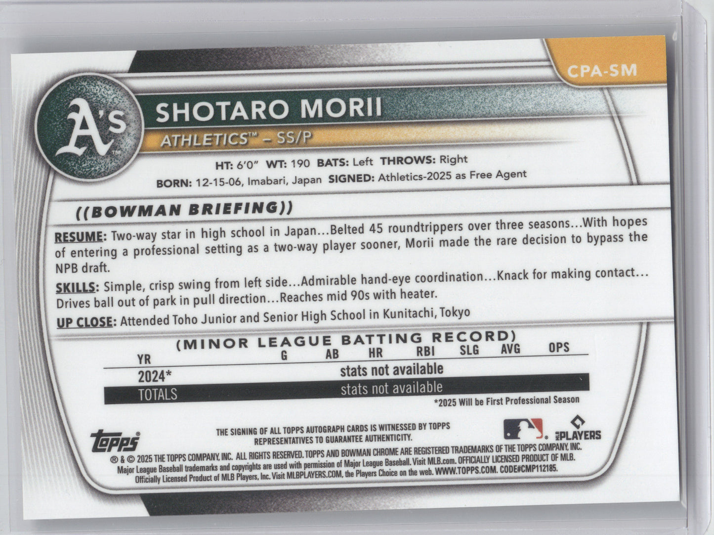 2025 Bowman Chrome Prospect Autograph Shotaro Morii #CPA-SM