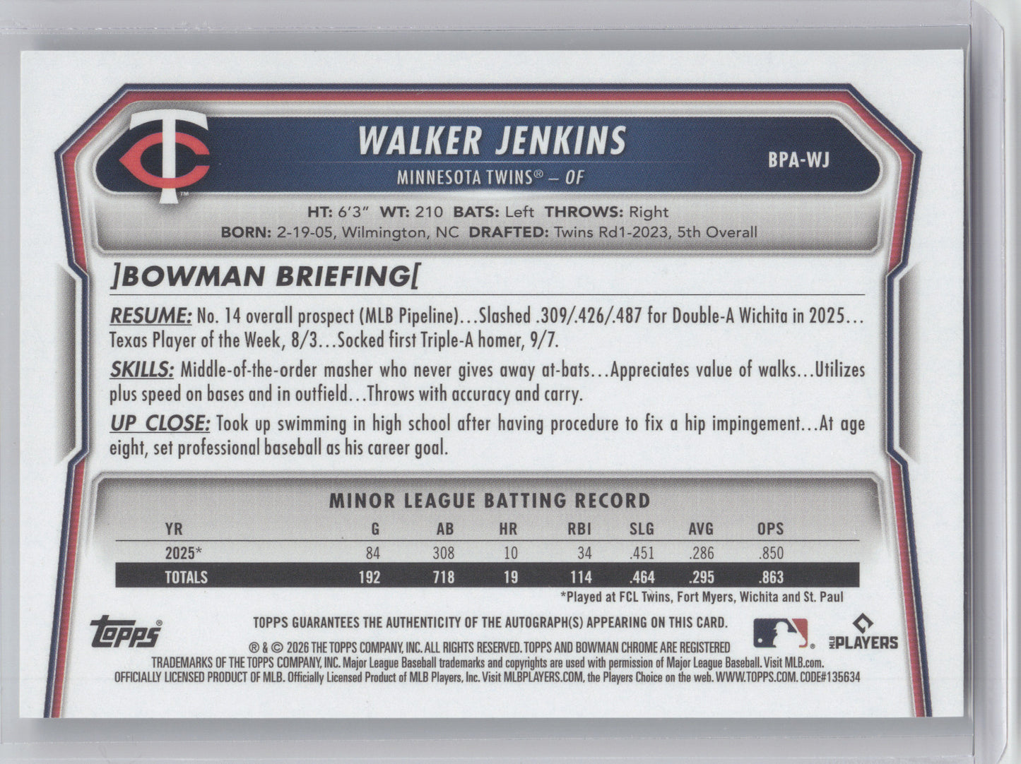2026 Bowman Prospect Autograph Walker Jenkins #BPA-WJ
