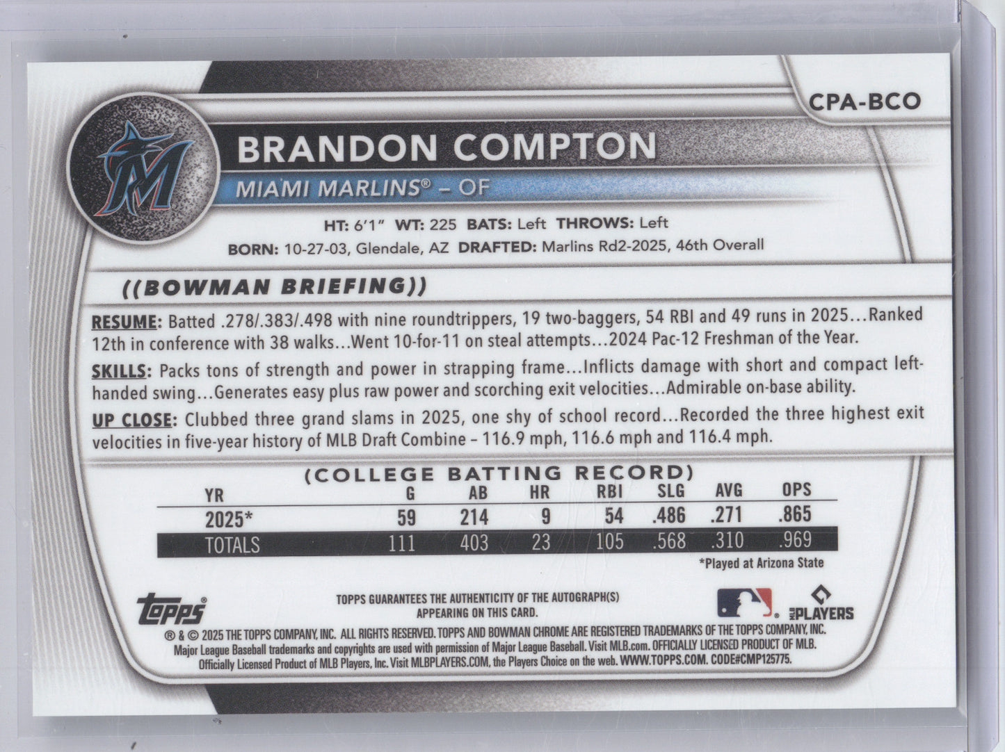 2025 Bowman Chrome Prospect Autograph Brandon Compton #CPA-BCO