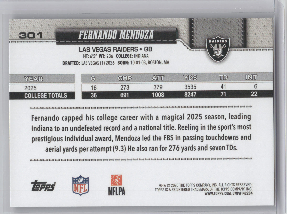 2026 Topps Fernando Mendoza #301 Diamante RC