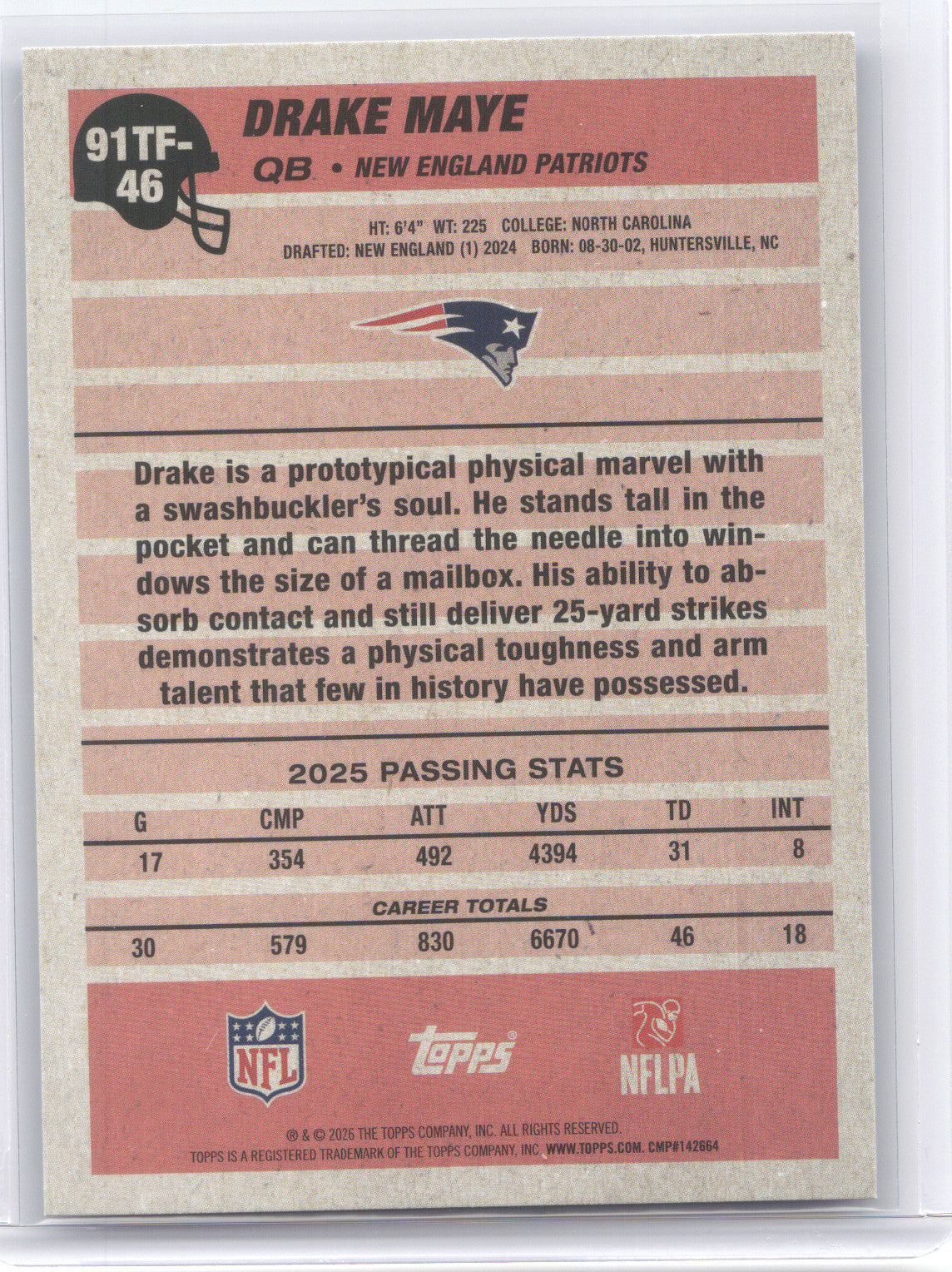 2026 Topps 1991 Retro Drake Maye #91TF-46 Blue Crackle 136/150