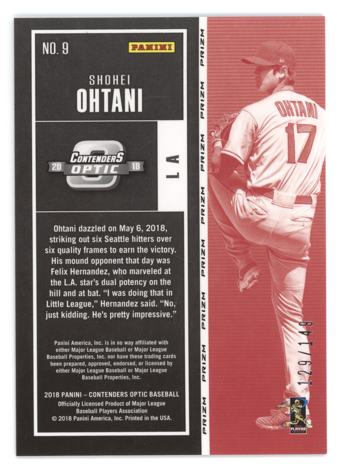 2018 Panini Contenders Optic Shohei Ohtani #9 Blue Ice 129/149 RC