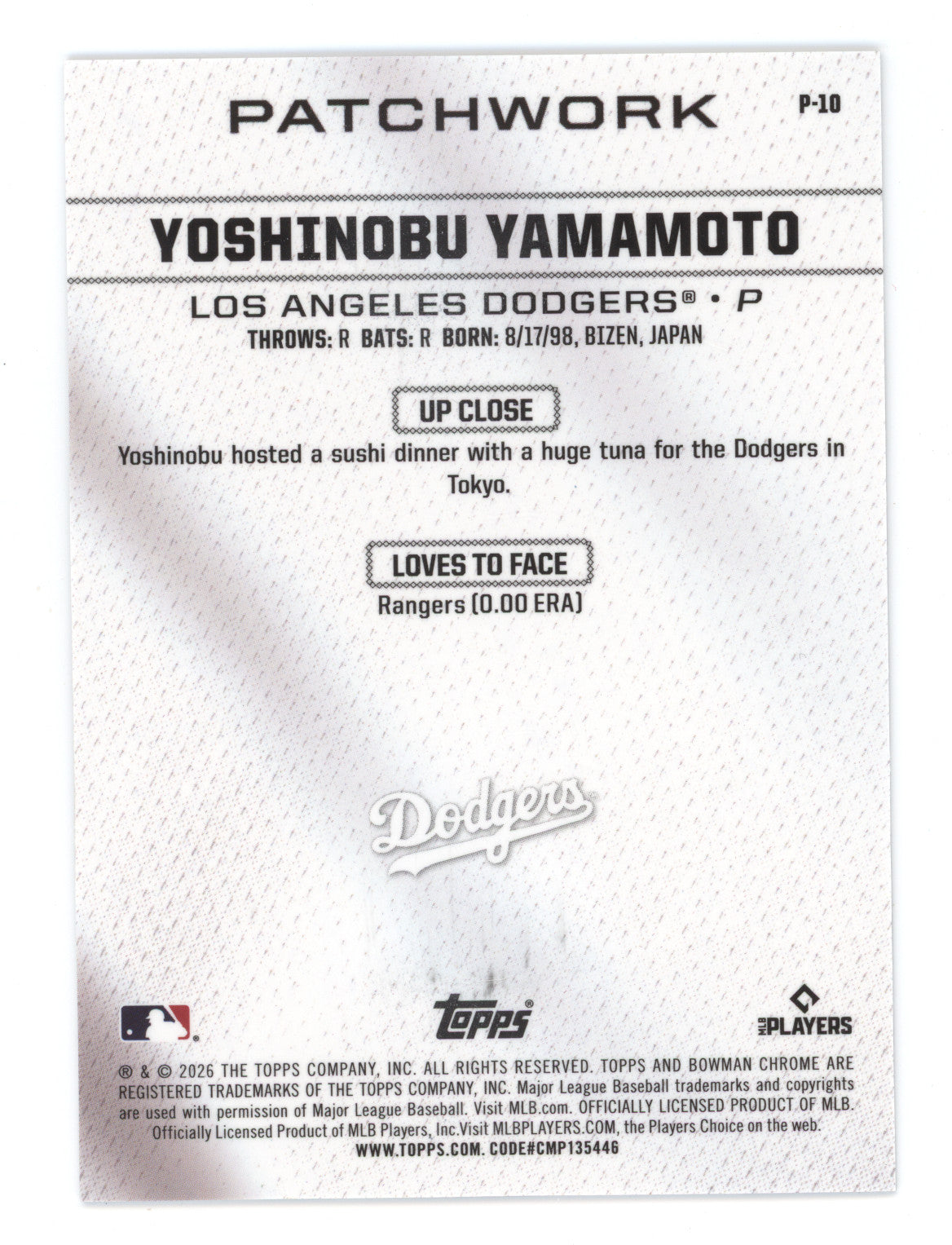 2026 Bowman Chrome Patchwork Yoshinobu Yamamoto #P-10