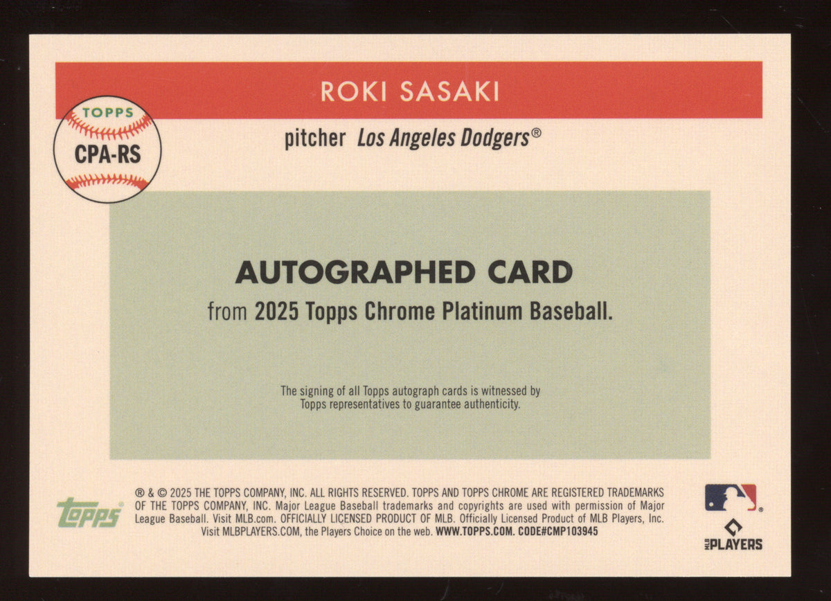2025 Topps Chrome Platinum Autograph Roki Sasaki #CPA-RS Gold RC 13/50