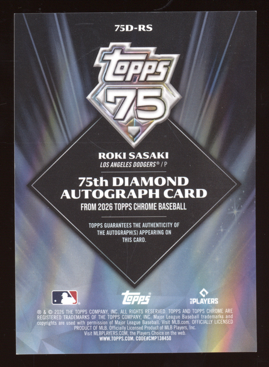 2026 Topps Chrome 75th Diamond Autographs Roki Sasaki #75D-RS