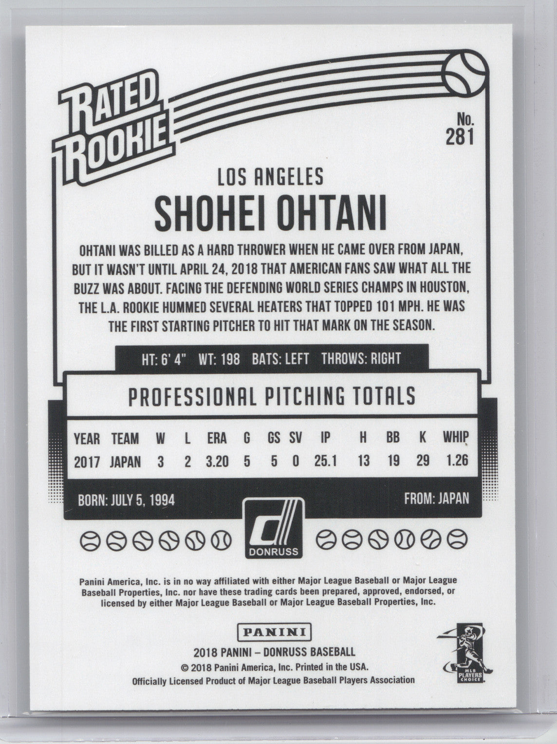 2018 Donruss Rated Rookie Shohei Ohtani #281
