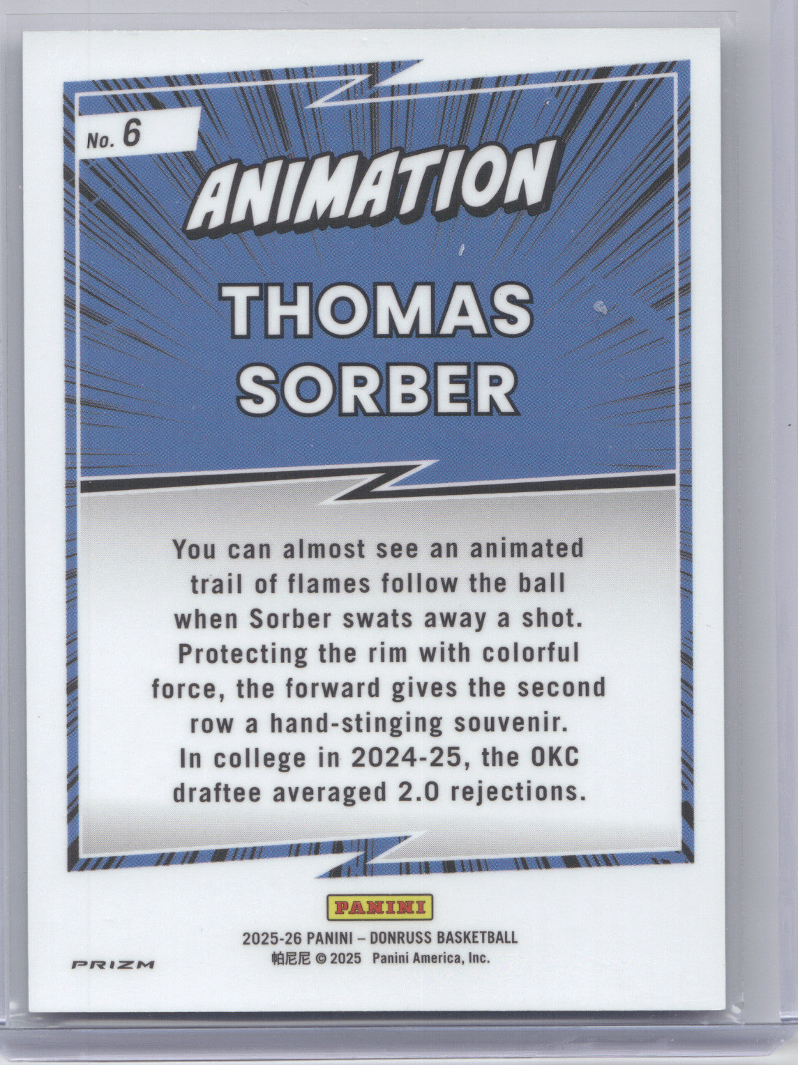 2025 Panini Donruss Basketball Animation Thomas Sorber #6 RC