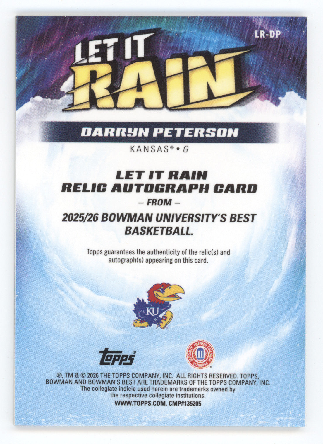 2025 Bowman U Best Let it Rain Relic Auto Darryn Peterson #DP Yellow Lazer 36/75
