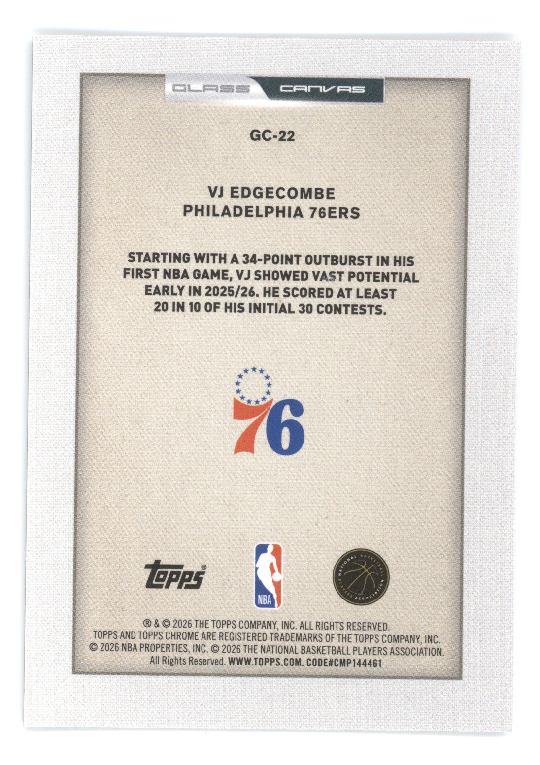 2025 Topps Chrome Glass Canvas VJ Edgecombe #GC-22 RC