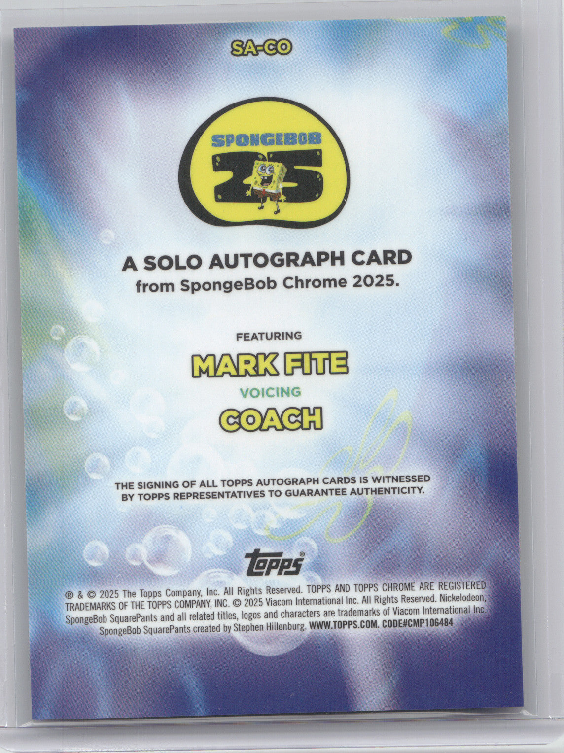 2025 Topps Chrome SpongeBob SquarePants Solo Autograph Coach (Mark Fite) #SA-CO