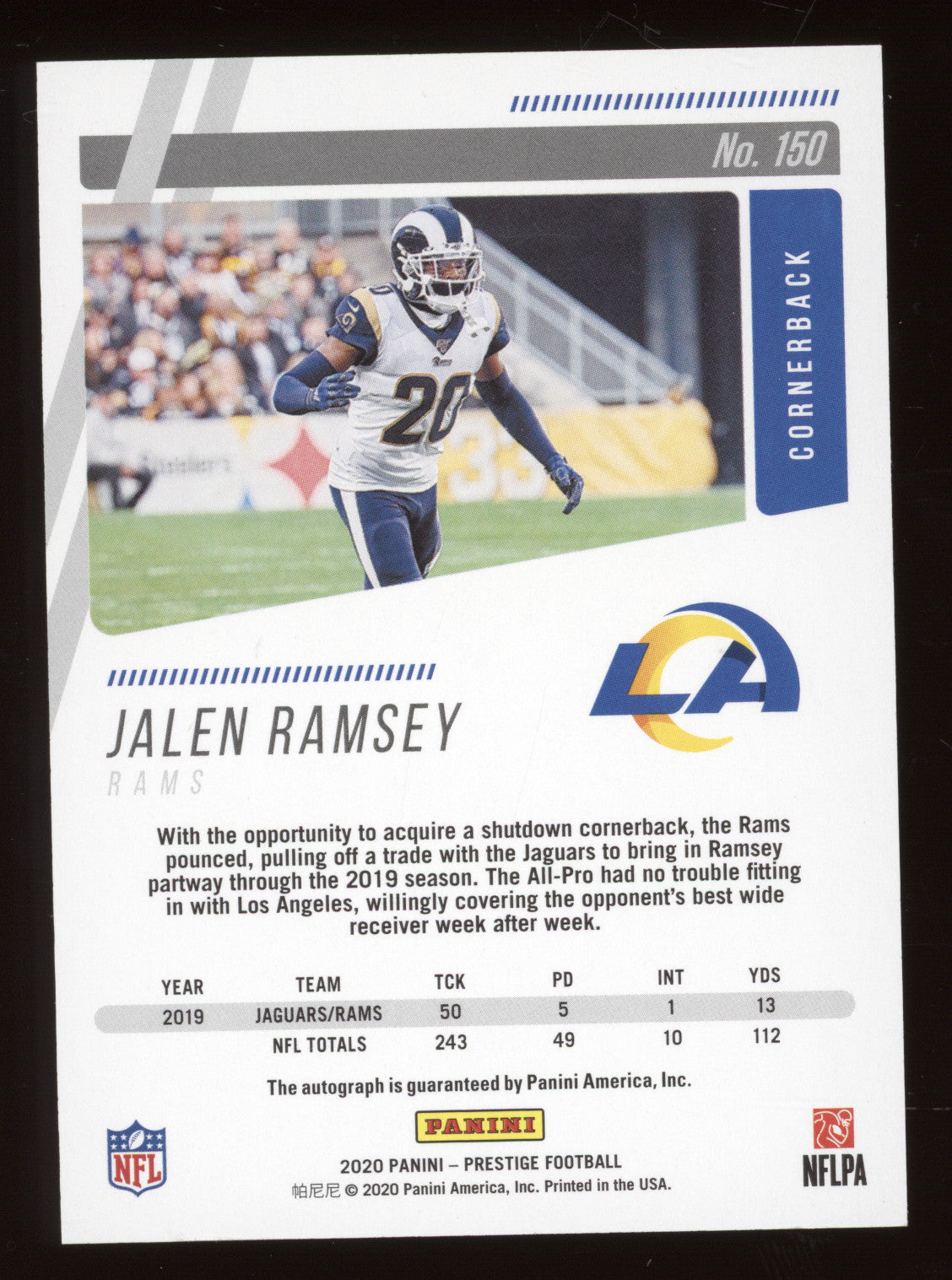 2020 Panini Prestige Jalen Ramsey #150 Xtra Points Signature Platinum 2/2