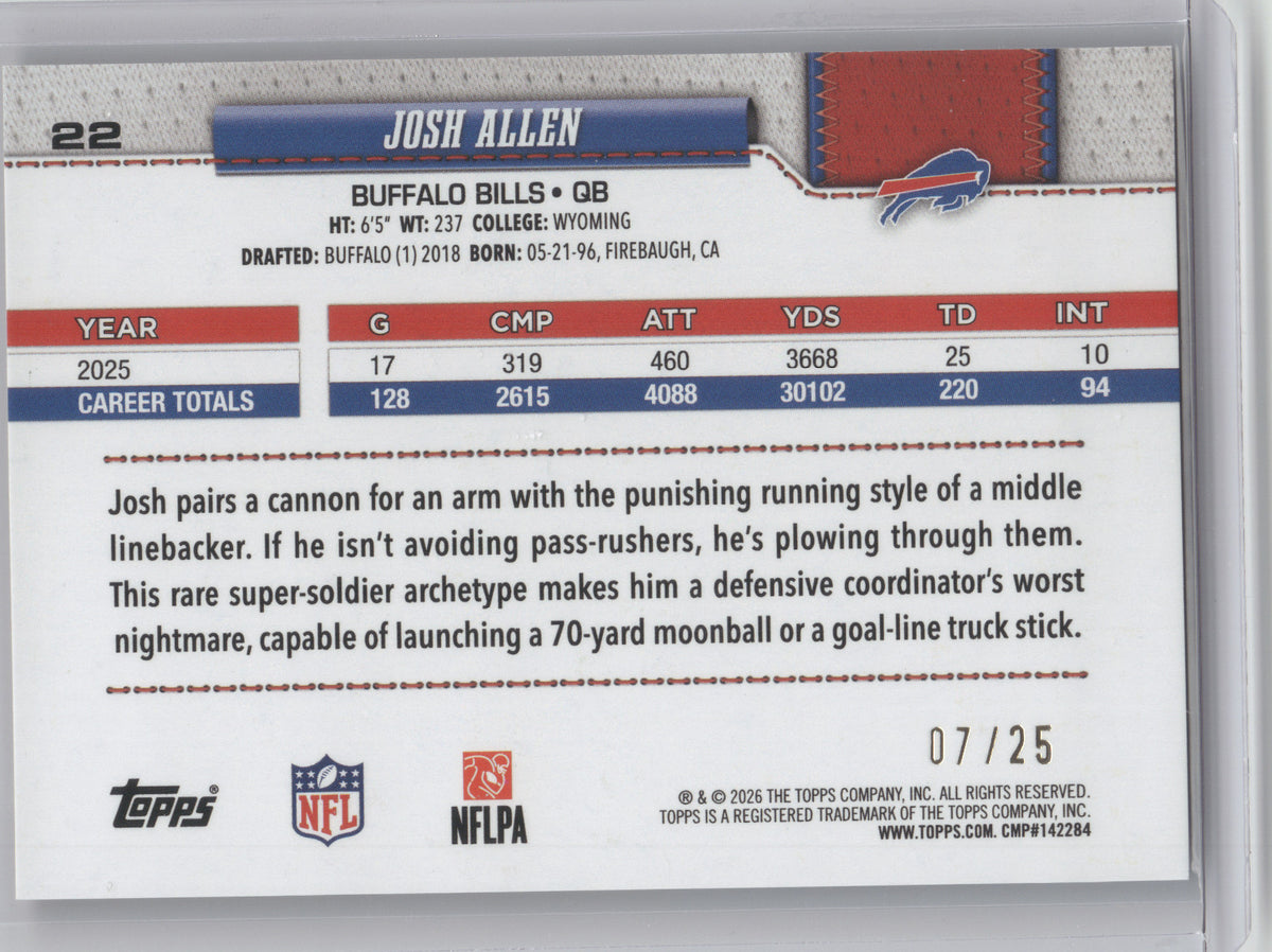 2026 Topps Football Josh Allen #22 Orange Blue 07/25