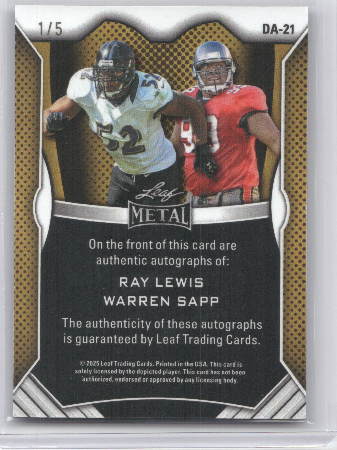 2025 Leaf Metal Dual Autographs Ray Lewis Warren Sapp #DA-21 Magenta 1/5