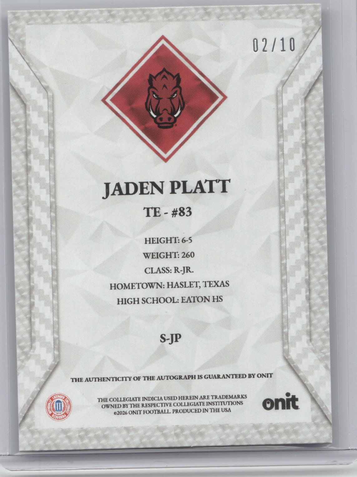 2026 ONIT Signature Series Jaden Platt #S-JP 02/10