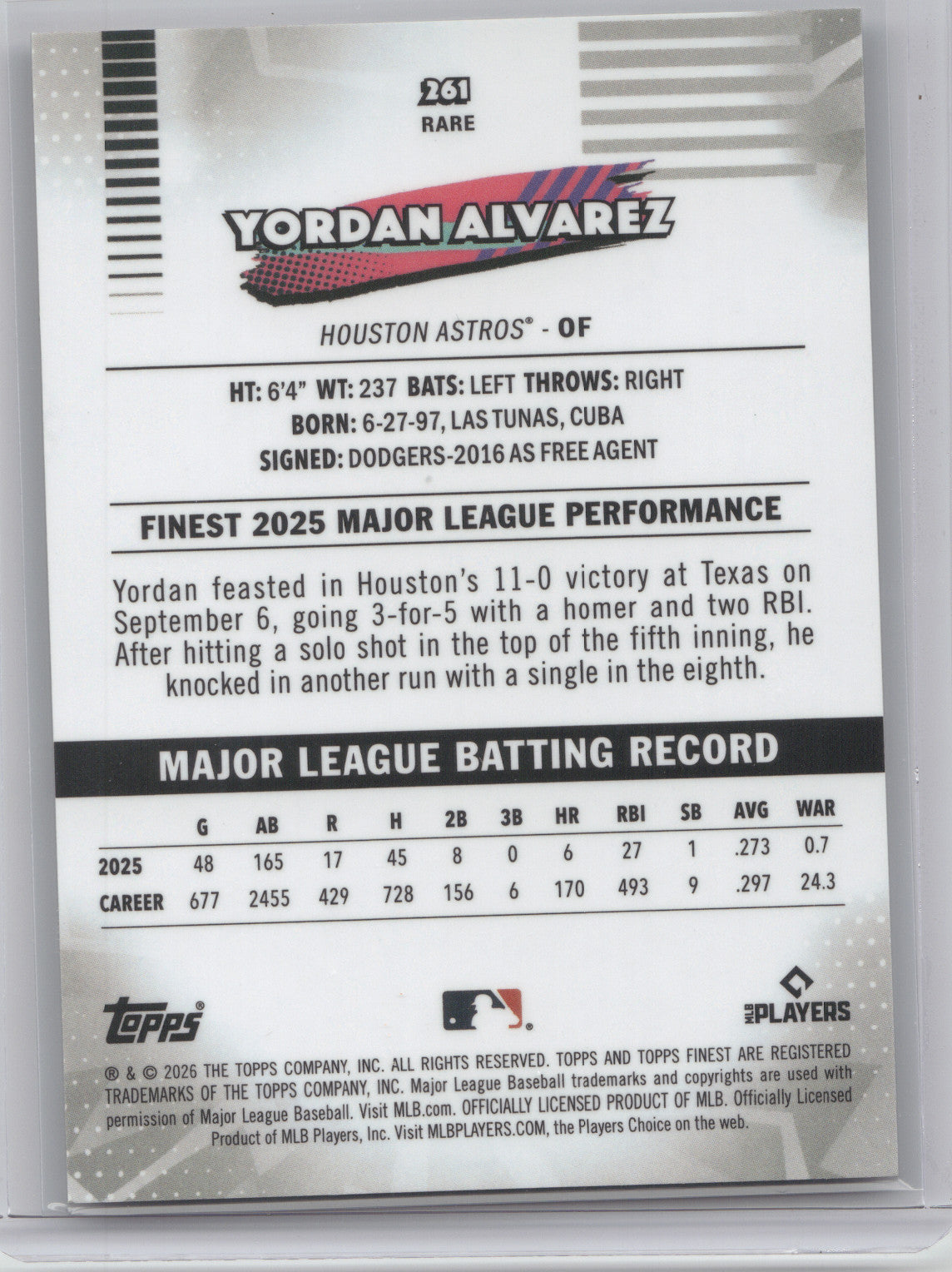 2026 Topps Finest Yordan Alvarez #261 White X-Fractor 17/30