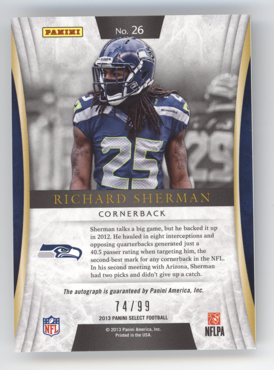 2013 Panini Select Signatures Richard Sherman #26 74/99
