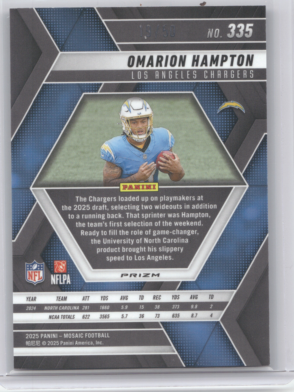 2025 Panini Mosaic Football Omarion Hampton #335 No Huddle Purple 19/50 RC