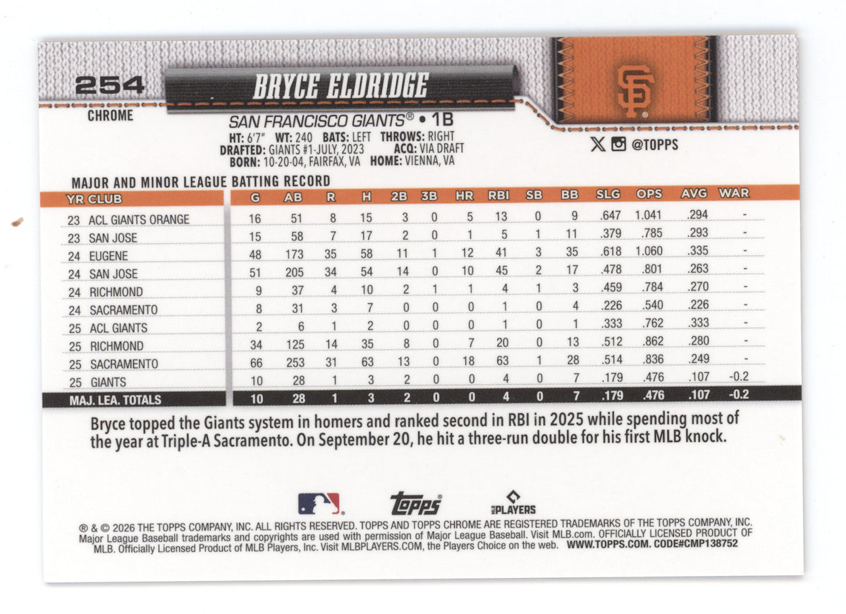 2026 Topps Chrome Bryce Eldridge #254 Orange Refractor RC 17/25