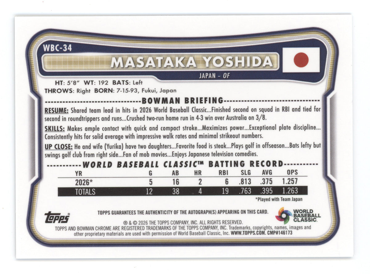 2026 Bowman Chrome WBC Flag Masataka Yoshida #WBC-34 Autograph Refractor 03/26