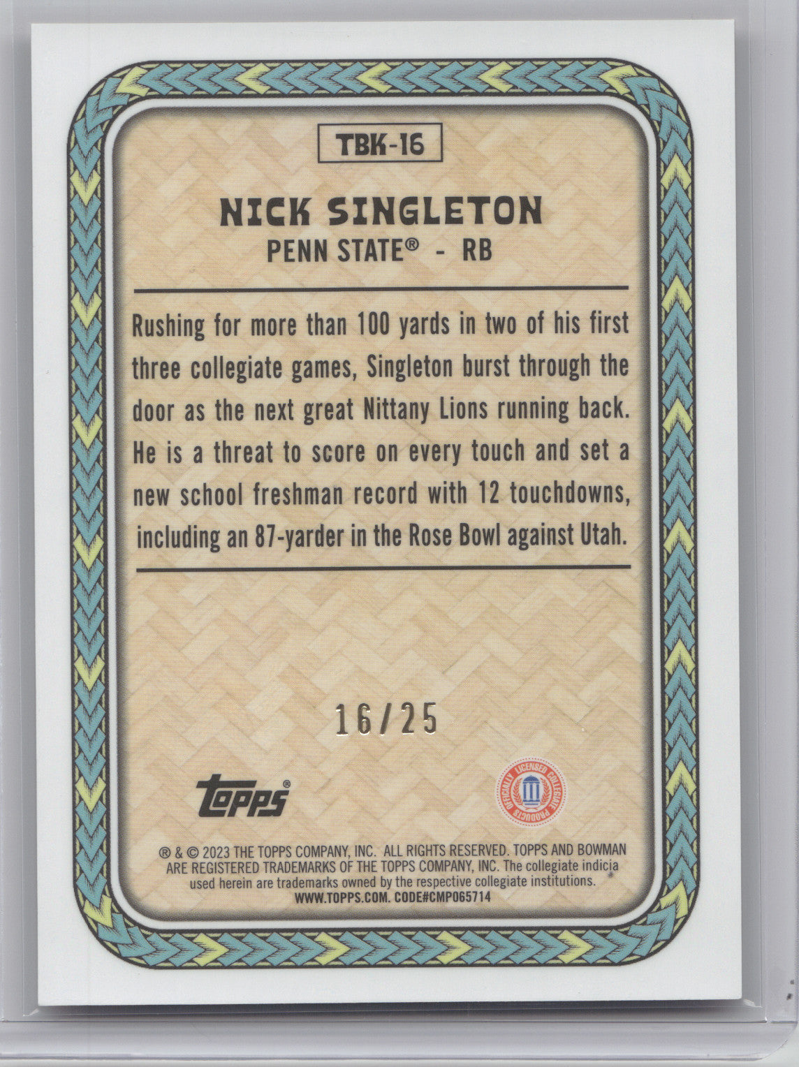 2023 Bowman Chrome U. Big Kahuna Nick Singleton #TBK-16 Orange Refractor 16/25