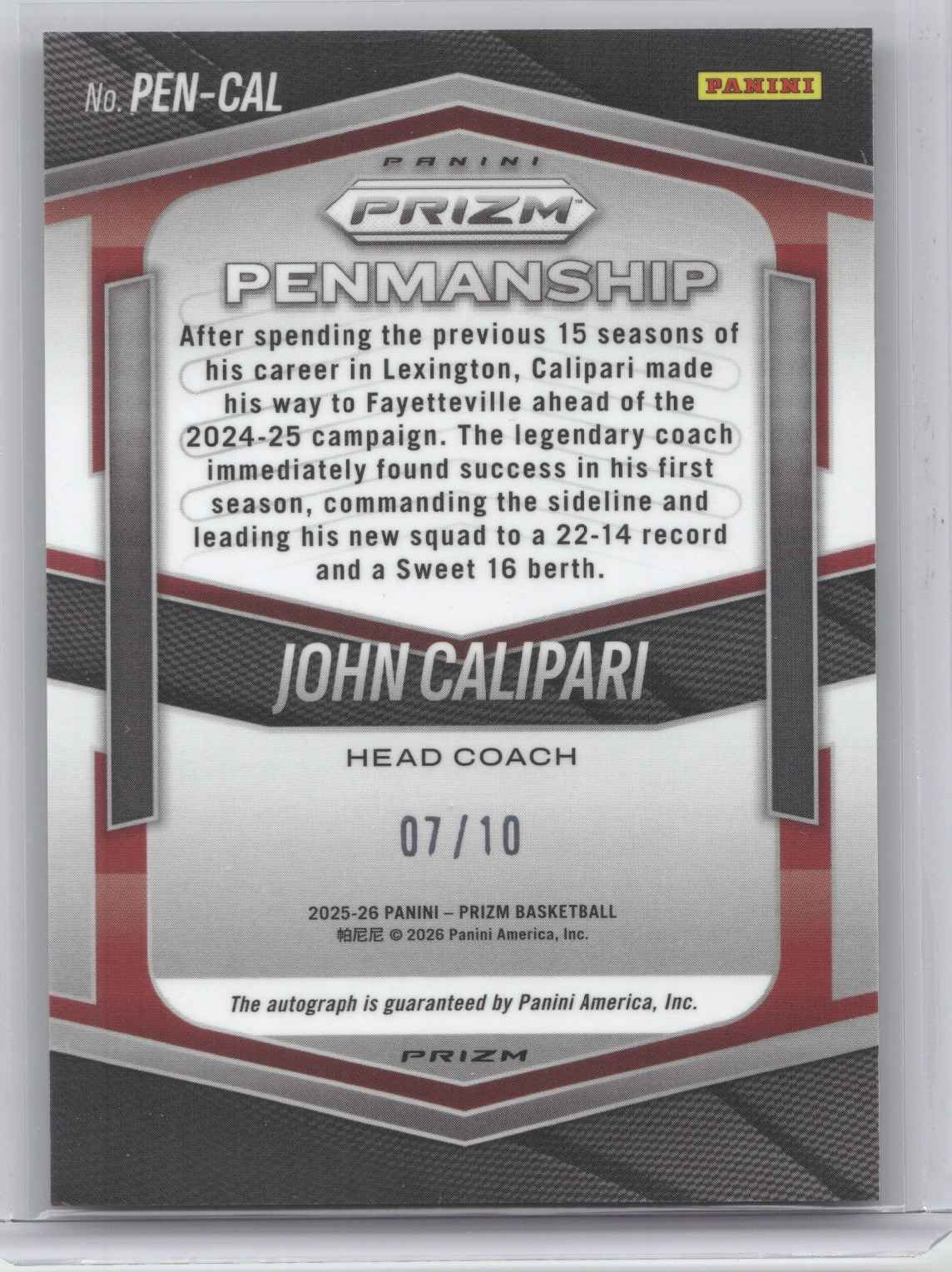 2025 Panini Prizm Penmanship John Calipari #PEN-CAL Gold Shimmer 07/10