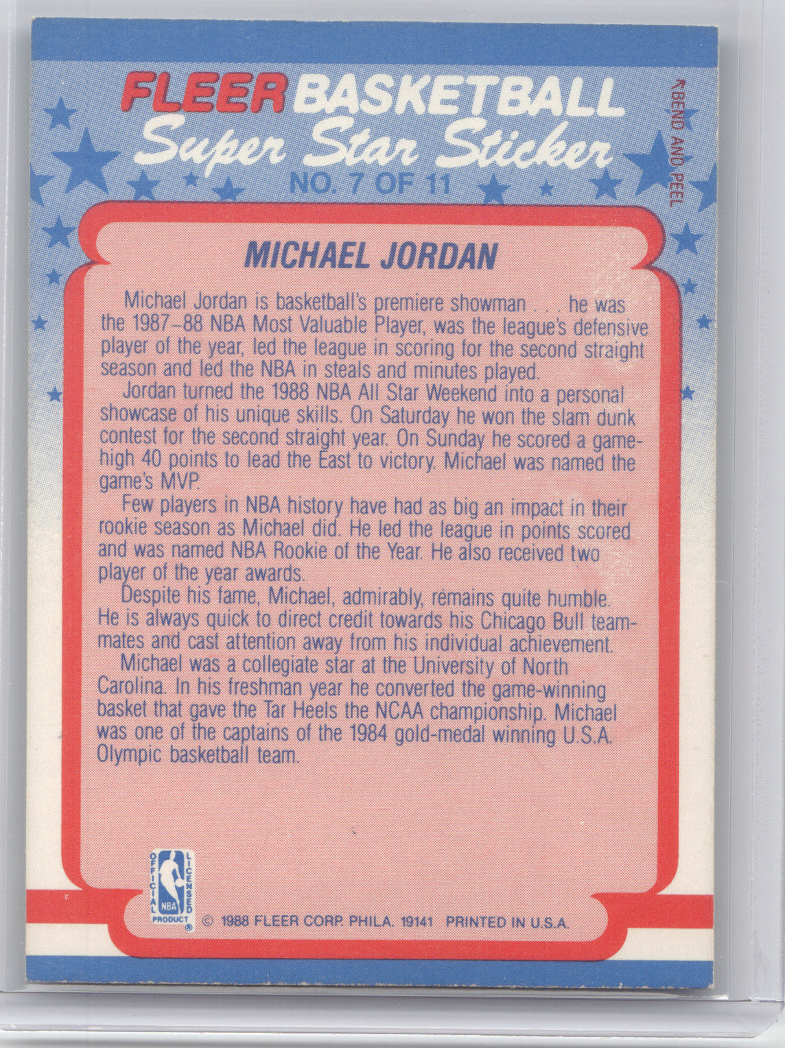 1988 Fleer Basketball Sticker Michael Jordan #7