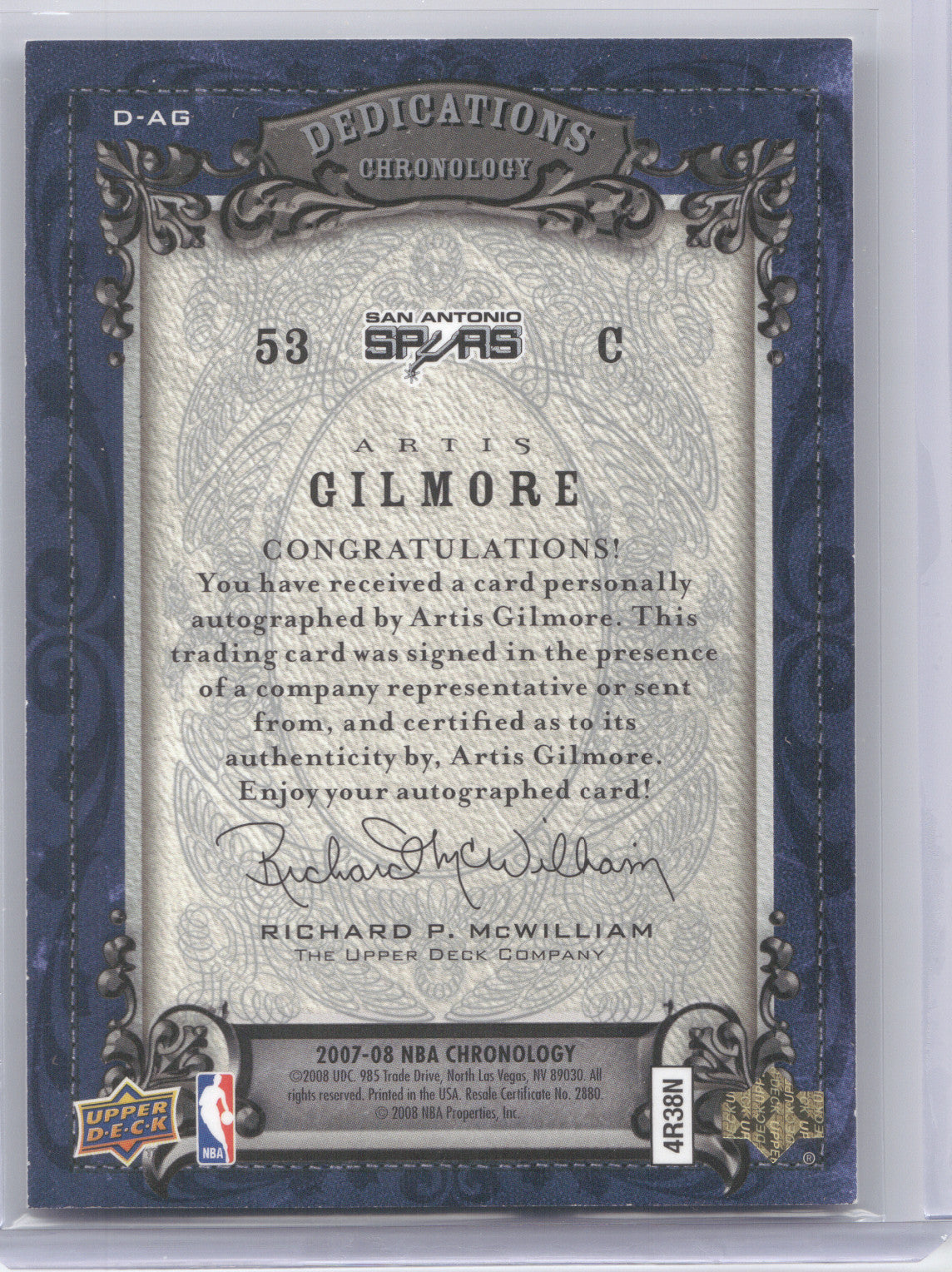 2007 Upper Deck Chronology Dedications Artis Gilmore #D-AG 46/50
