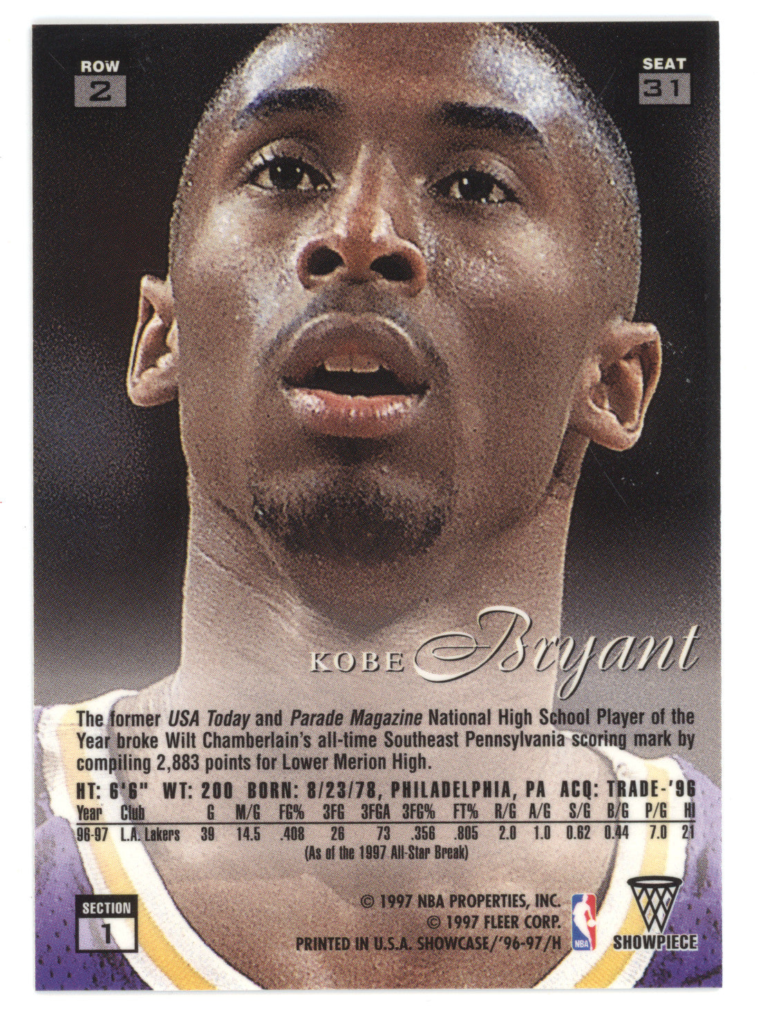 1996 Flair Showcase Kobe Bryant #Row 2 Seat 31 RC
