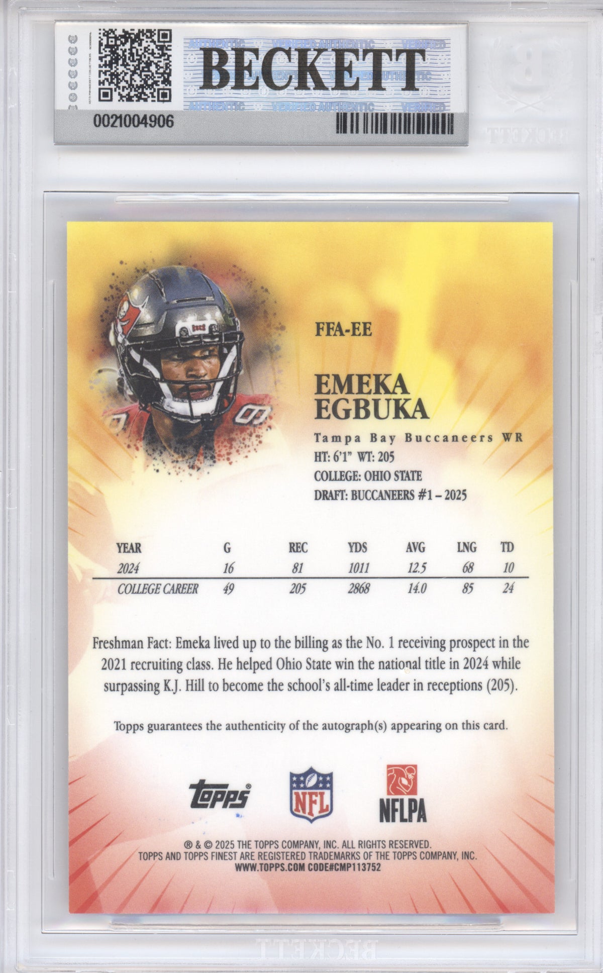 2025 Topps Finest Freshman Auto Emeka Egbuka #EE Orange Geometric 25/25 RC BGS 8