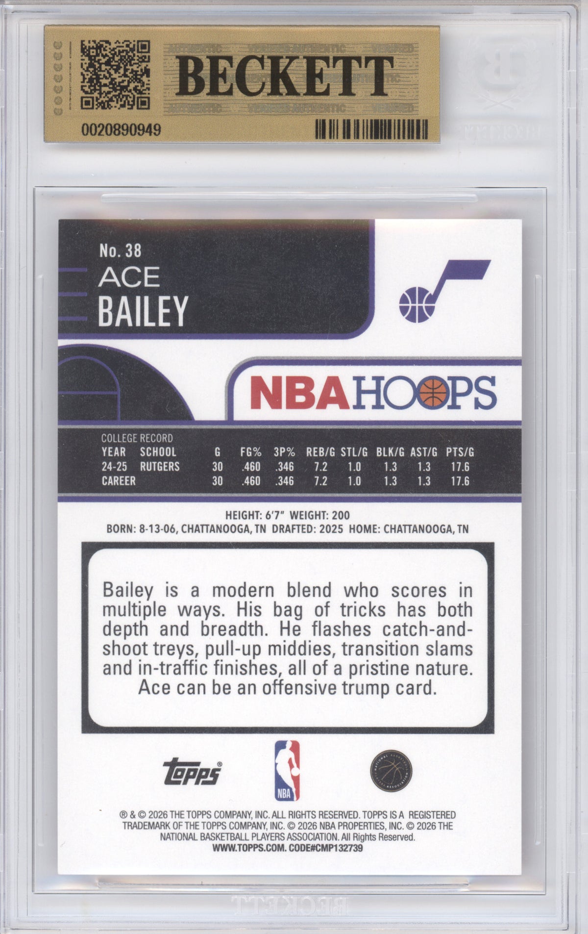 2025 Topps NBA Hoops Ace Bailey #38 Light Burst Red RC 2/5 BGS 9.5
