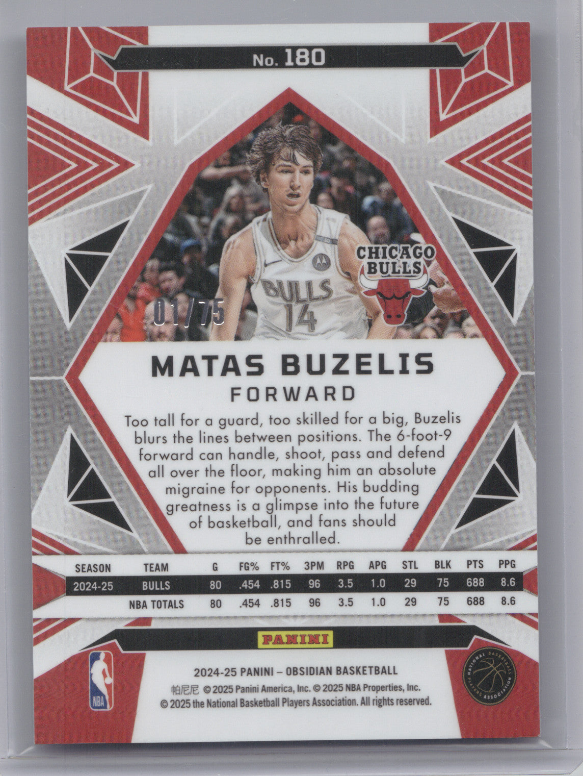 2024 Panini Obsidian Matas Buzelis #180 Purple 01/75 RC