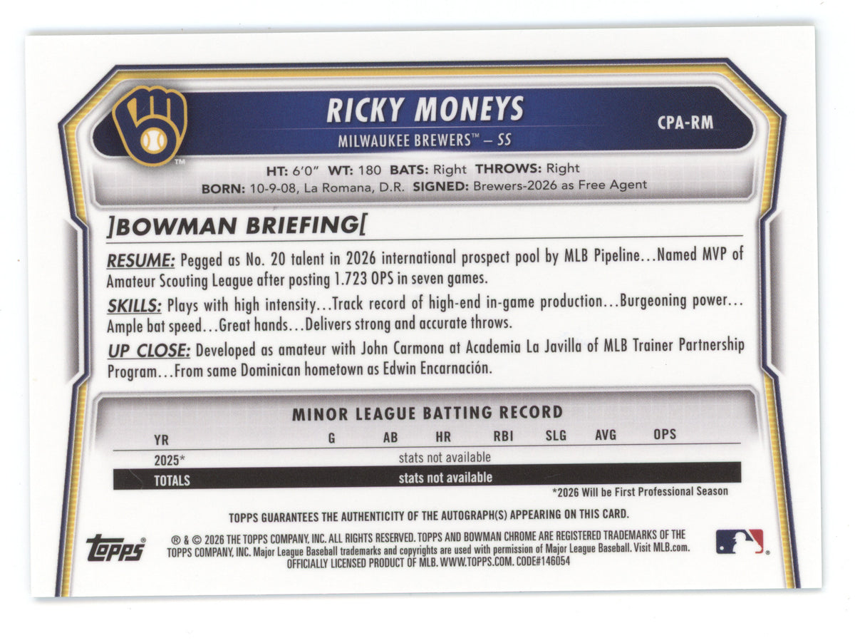 2026 Bowman Chrome Prospect Autograph Ricky Moneys #CPA-RM Green Mojo Ref. 85/99