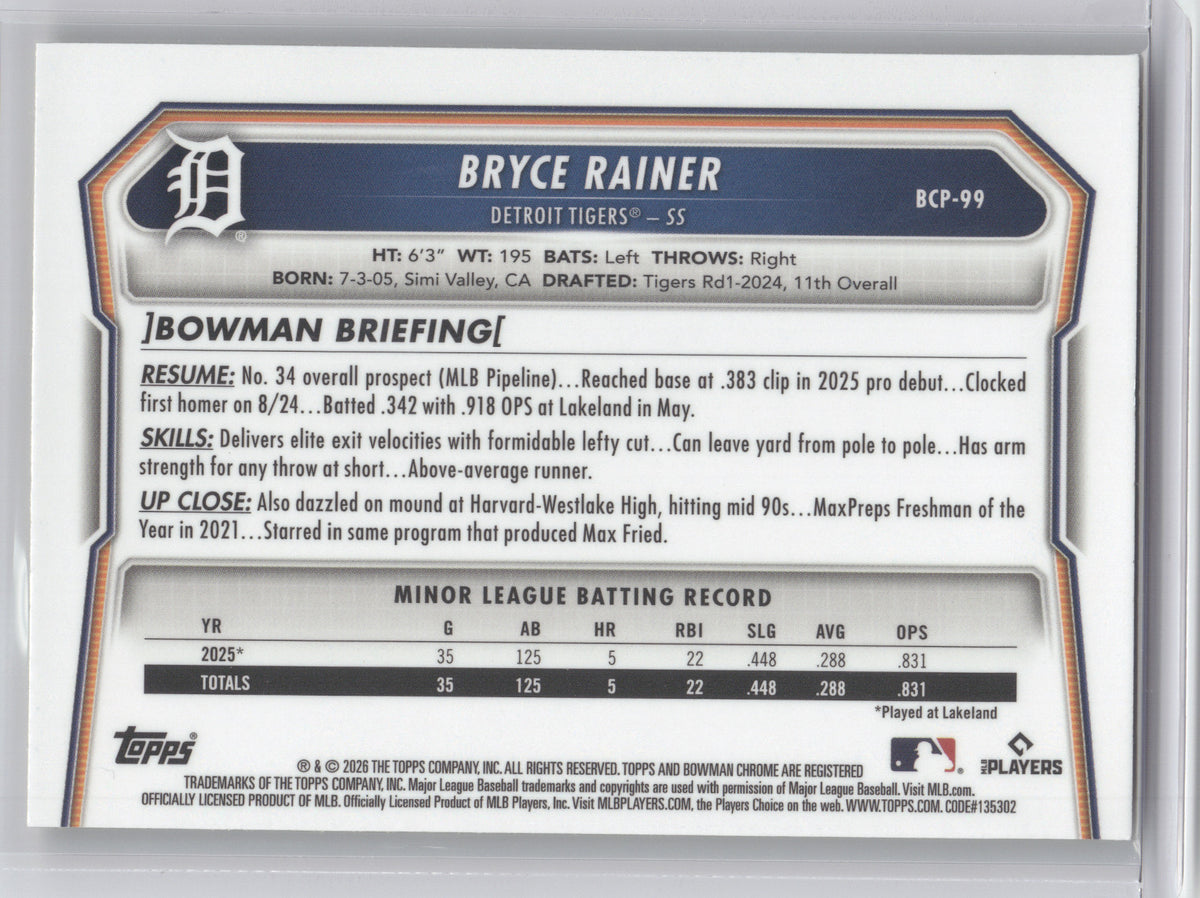 2026 Bowman Chrome Prospect Autograph Bryce Rainer #BCP99 Yellow X-Fractor 64/75