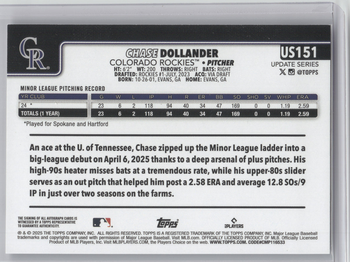 2025 Topps Update Series Rookie Autograph Chase Dollander #US151 RC
