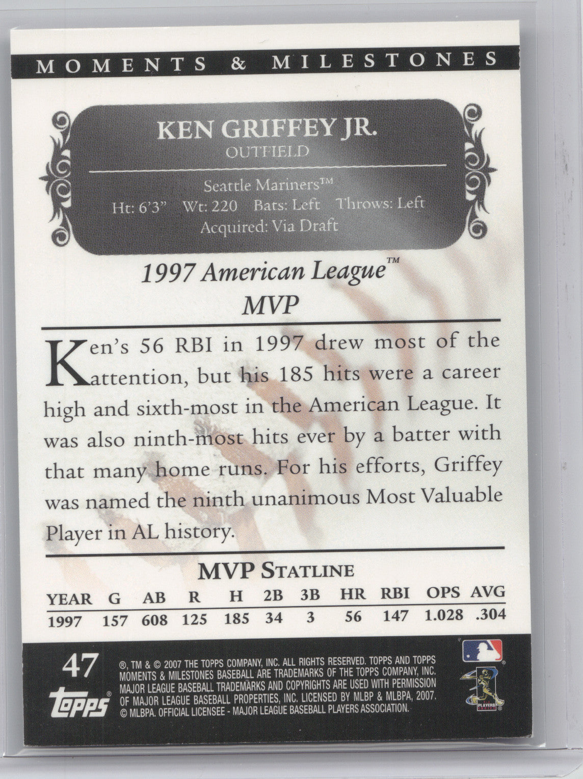 2007 Topps Moments & Milestones - 171 Hits Ken Griffey Jr. #47 Black 11/29