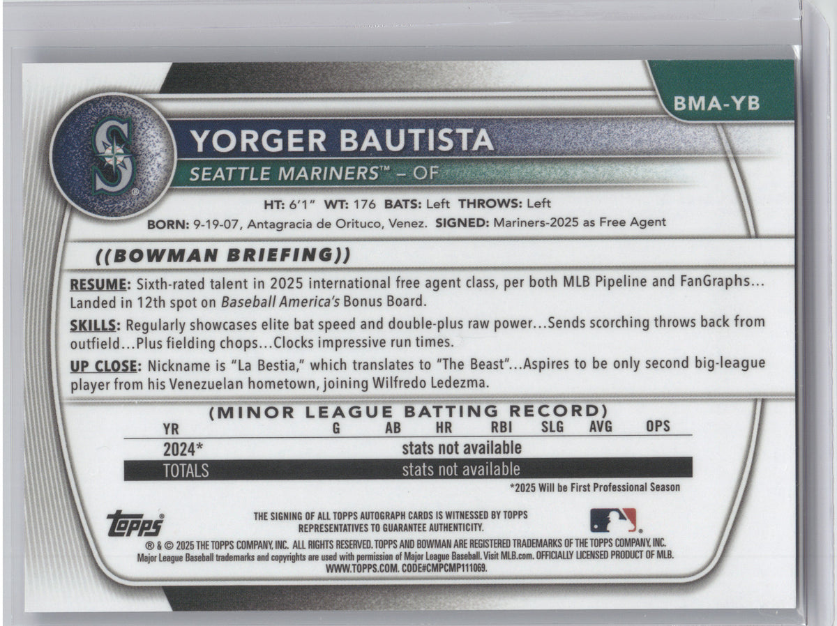 2025 Bowman Chrome Mega Box Autograph Yorger Bautista #BMA-YB Blue Mojo 106/150