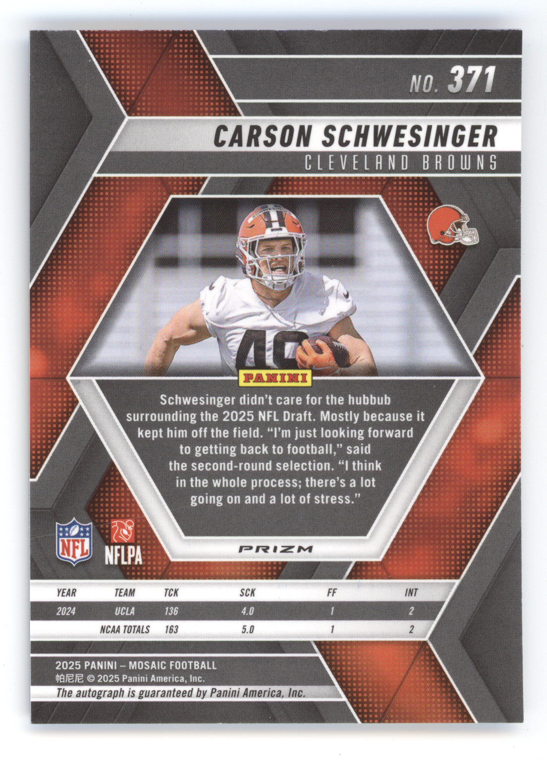 2025 Panini Mosaic Football Carson Schwesinger #371 Autograph Blue RC