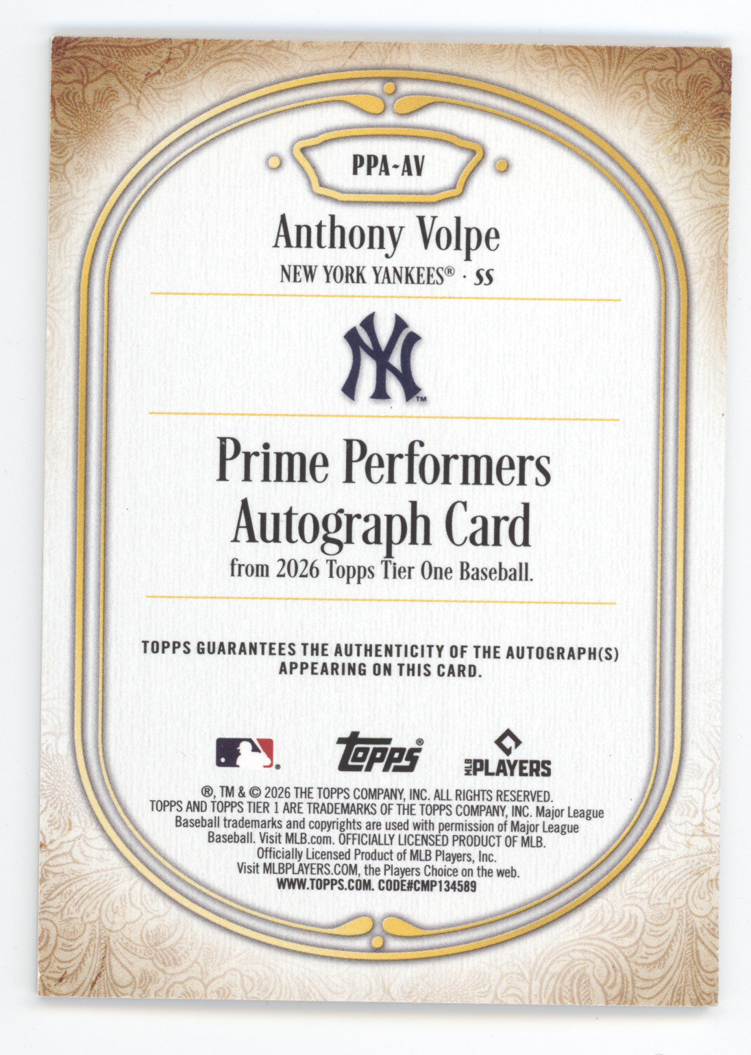2026 Topps Tier One Prime Performers Autograph Anthony Volpe #PPA-AV Green 08/49