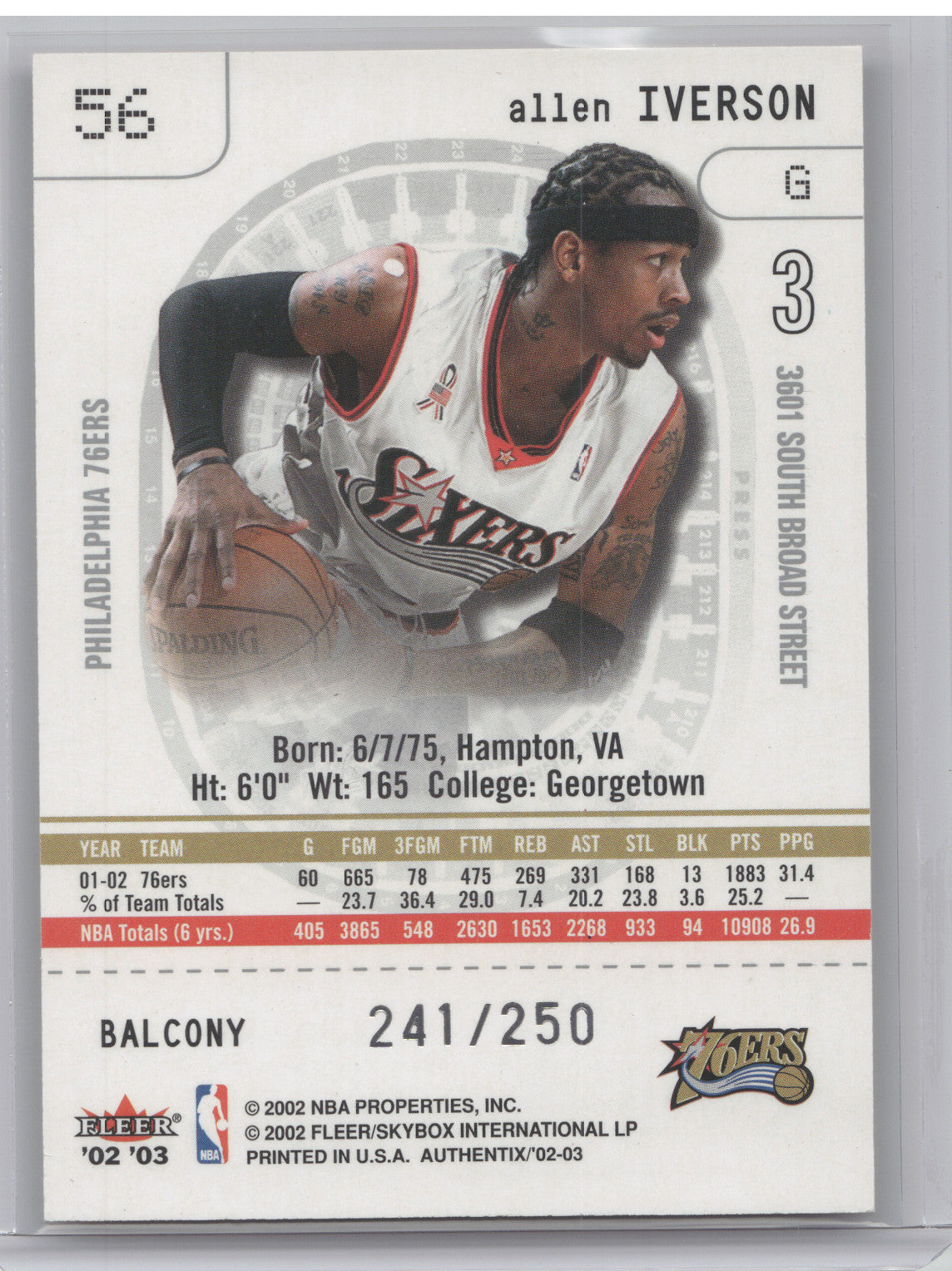 2002 Fleer Authentix Allen Iverson #56 Balcony 241/250