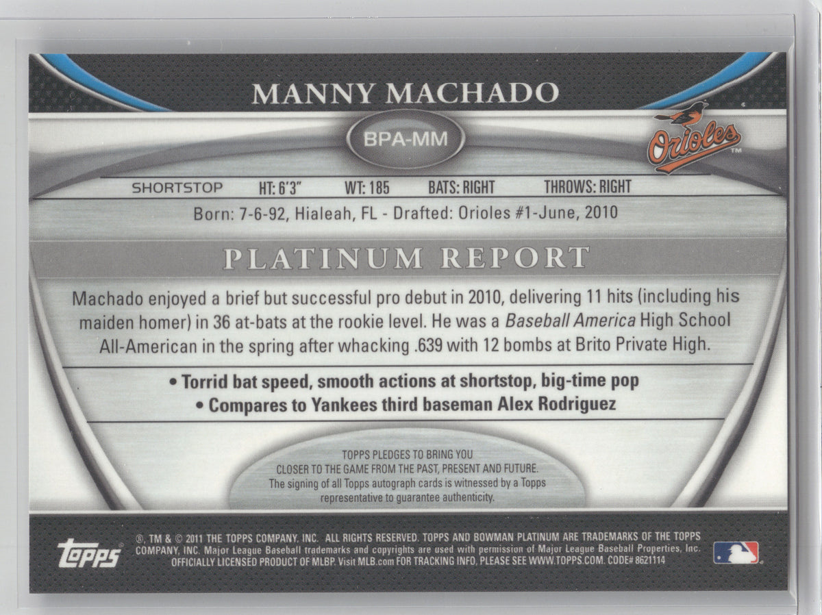 2011 Bowman Platinum Autograph Manny Machado #BPA-MM