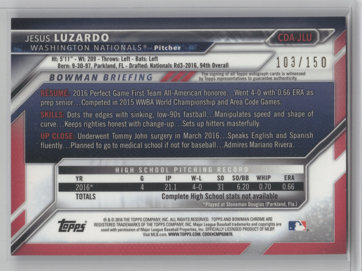 2016 Bowman Chrome Draft Autograph Jesus Luzardo #CDA-JLU Blue Wave Ref. 103/150