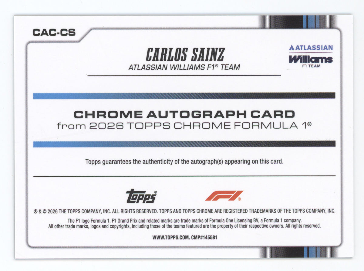 2026 Topps Chrome Formula 1 Autograph Carlos Sainz #CAC-CS Aqua 023/199
