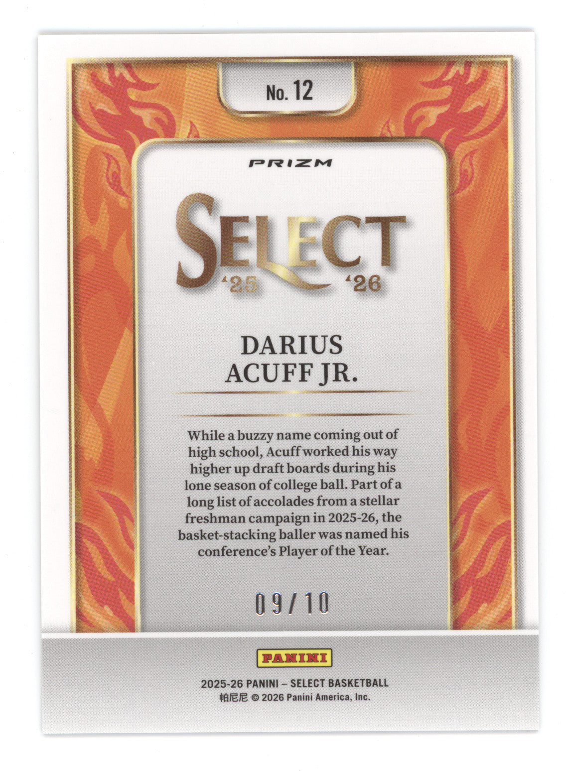 2025 Panini Select En Fuego Darius Acuff Jr. #12 Gold Checkerboard 09/10
