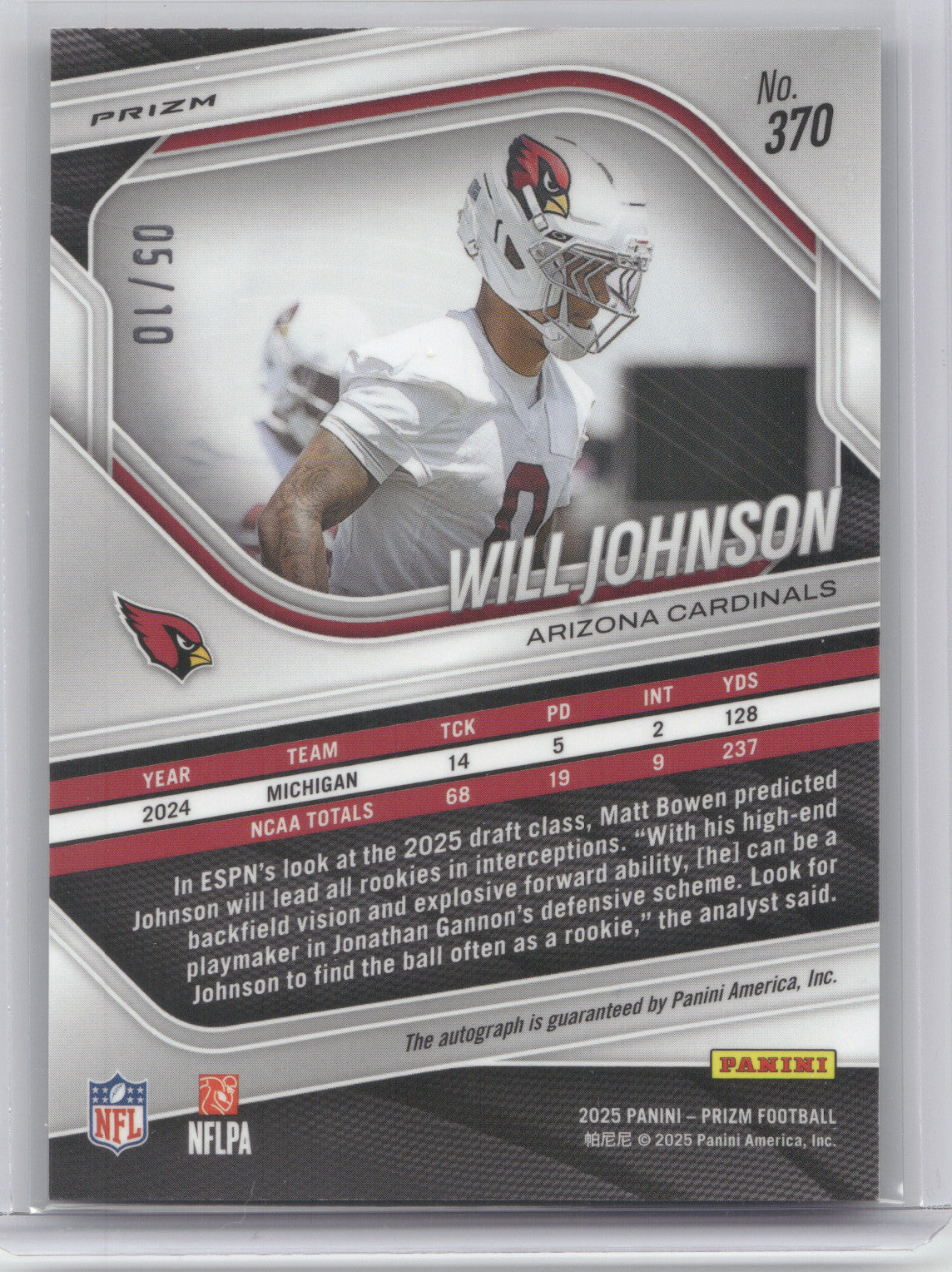 2025 Panini Prizm Football Will Johnson #370 Autograph Gold Disco RC 05/10