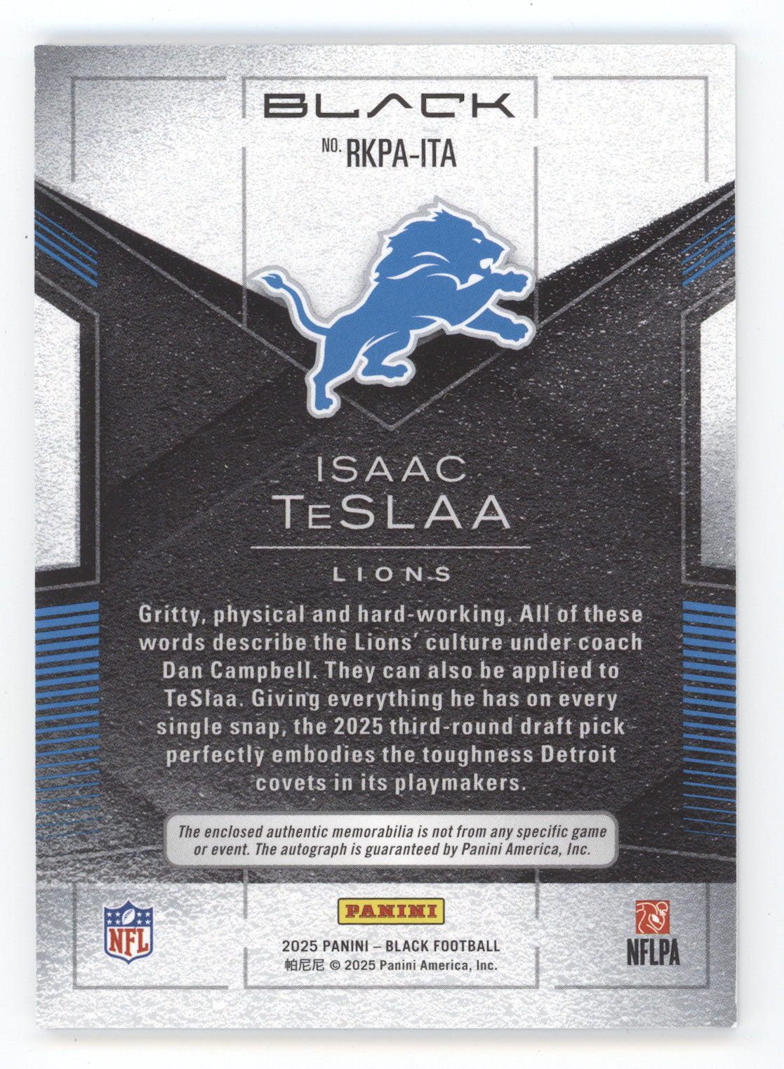 2025 Panini Black Football Isaac TeSlaa #RKPA-ITA Rookie Patch Autograph 036/249