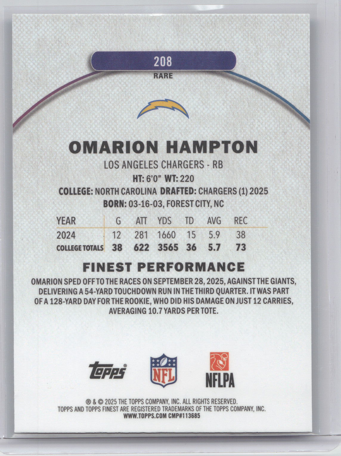2025 Topps Finest Omarion Hampton #208 Blue RC 88/99