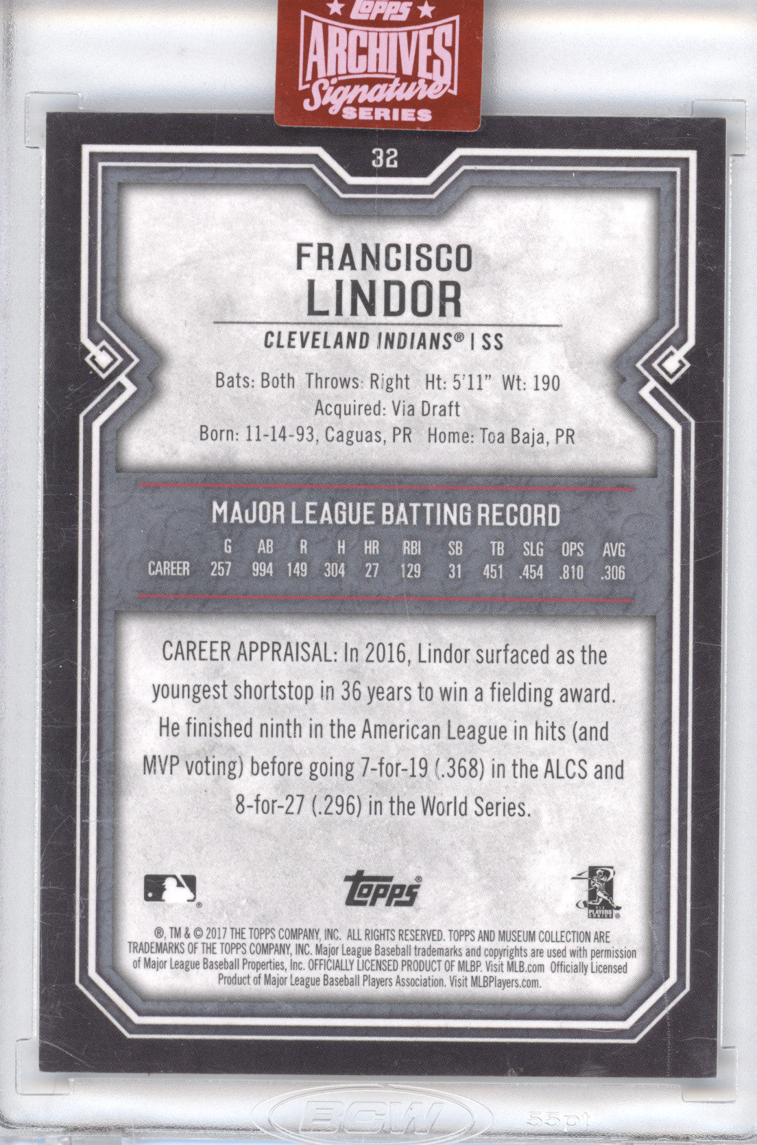 2017 Topps Archives Signature Series Francisco Lindor #32 1/1